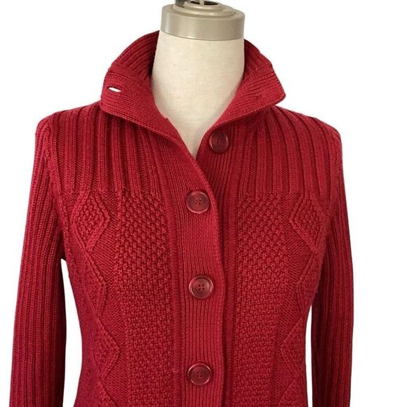 L.L. Bean Women's Signature Fisherman Sweater Cardigan Small Red Cable Knit - Picture 1 of 8
